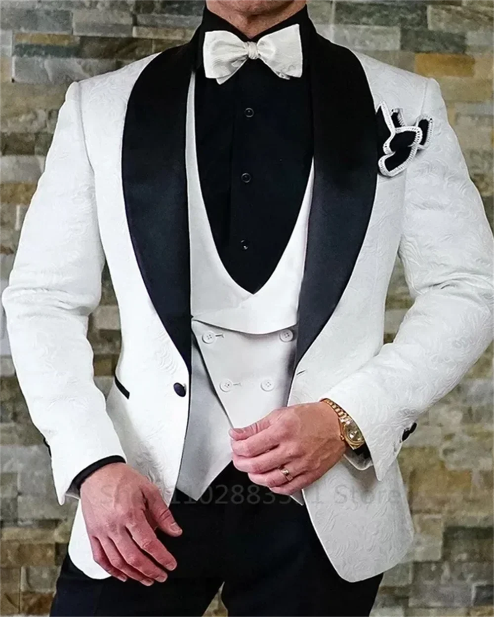 3 Pièces Noir Jacquard Mariage Fête Tuxedo Pour Marié Revers Châle Slim Fit Costumes Homme Gilet Pantalon