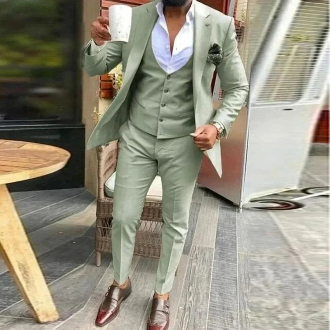 Ensemble de 3 pièces pour homme, costume vert ajusté, formel, d'affaires, décontracté, pour mariage, bal de promo (veste + pantalon + gilet)