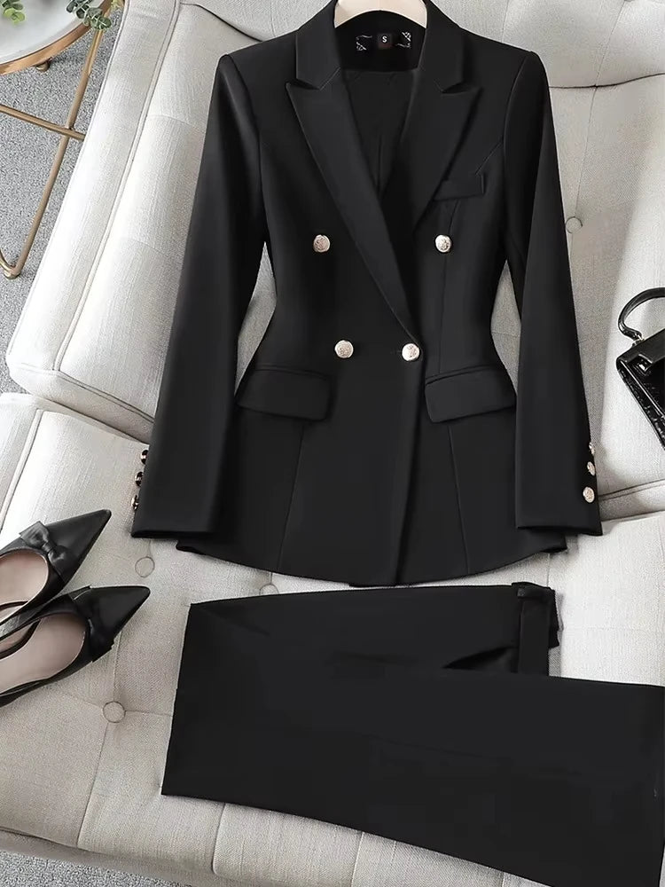 Navy blue Fashion Women Pant Suit Long Sleeve Solid Ladies Blazer and Trouser Formal 2 Piece Sets