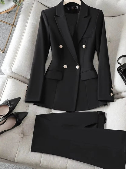 Navy blue Fashion Women Pant Suit Long Sleeve Solid Ladies Blazer and Trouser Formal 2 Piece Sets