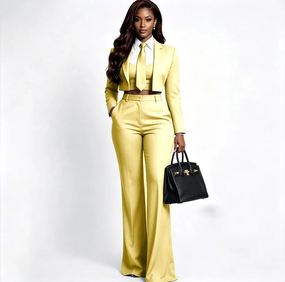 Sharp Women's Burgundy Suit Tailored Cropped Jacket+Wide Leg Pants 2 Piece Set Formal Evening Party Female Clothing
