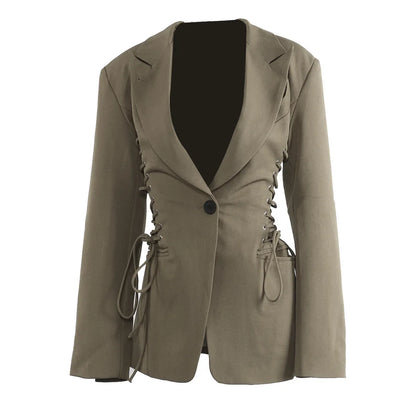 Spring Autumn New Women Blazer Notched Collar Single Button Lace-Up Waist Cinching Slim Fit Elegant Fashion Jackets HK13264