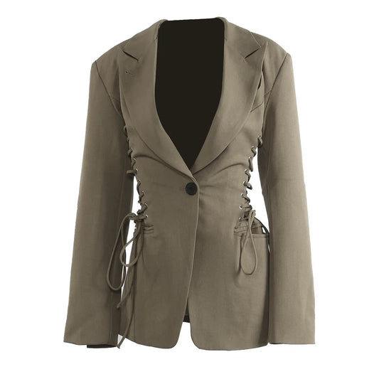 Spring Autumn New Women Blazer Notched Collar Single Button Lace-Up Waist Cinching Slim Fit Elegant Fashion Jackets HK13264