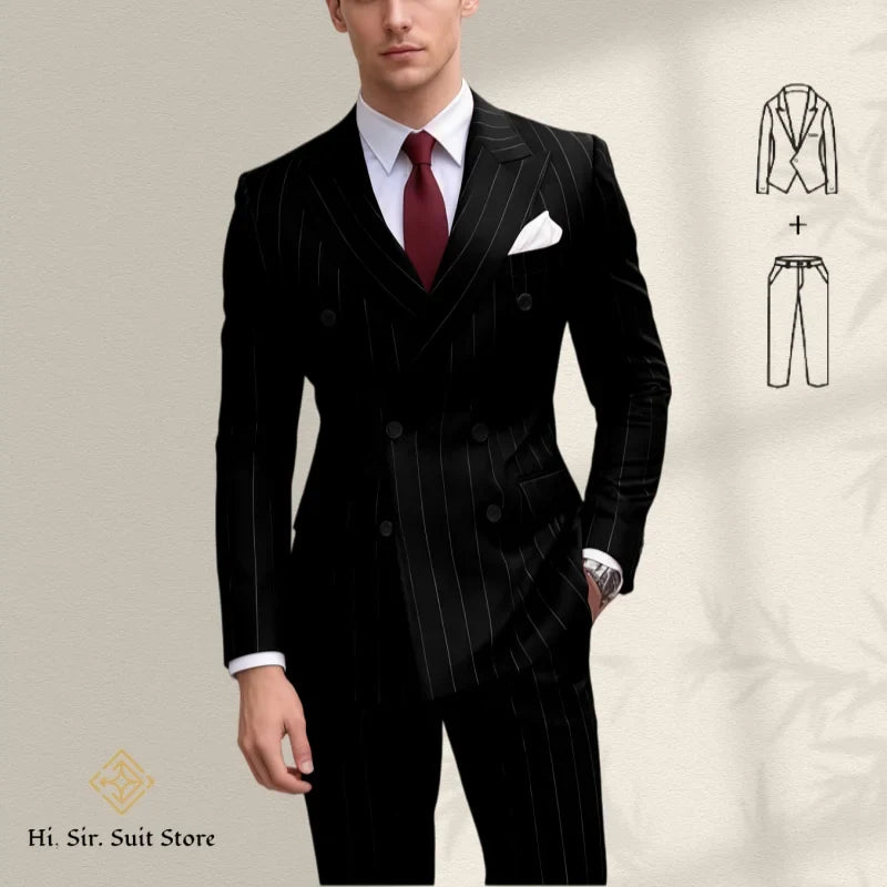 Men's 2-Piece Slim Fit Double-Breasted Striped Suit Set for Men – Wedding, Business & Formal Occasions