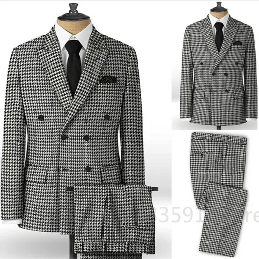 Costume Homme Pied-de-poule pour Garçons d'honneur avec Revers Pointu 2 Pièces Smoking de Mariage Veste Homme Décontractée à Carreaux