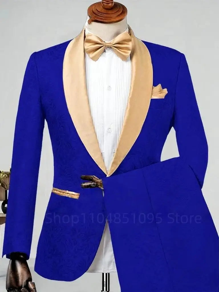 Elegant 2 Piece Jacquard Men Wedding Suits Shawl Lapel Blazer Pants Set Slim Fit Groom Tuxedos Costume Homme For Party Prom