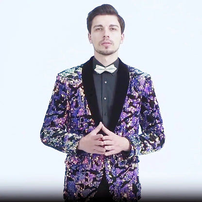 Men's Slim Fit Velvet Tuxedo Blazer Sequin Shawl Lapel One Button Wedding Party Banquet Jacket Shiny Suit Singer Studio Shoot