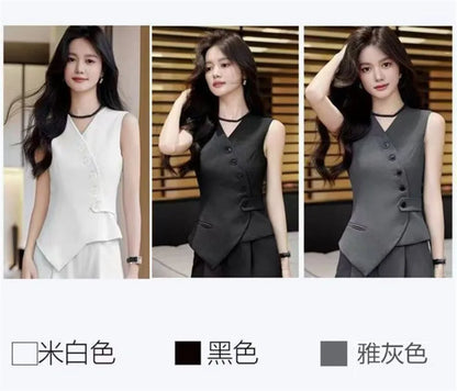 Office Female Suits Vest Coat Spring Summer V-Neck Diagonal Buckle Sleeveless Blazers Jacket Women Fashion Thin Slim Waistcoat