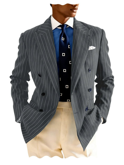 Navy Blue Striped Pattern Business Suit Jacket Double Breasted Slim Fit Blazer Casual Formal Attire Office Groom's Wedding Dress
