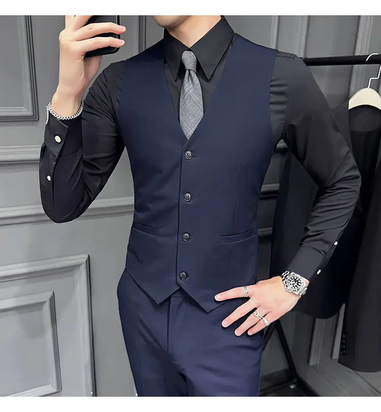 Men's 3 Piece Suit Set Double‑Button Slim Fit Solid Color Business Casual Wedding Party Jacket Vest Pants Formal Outfit for Men