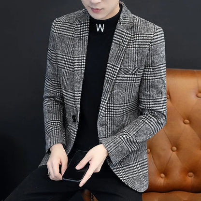 Men's Plaid Blazer Smart Casual Single Breasted Khaki Gray Autumn Office Jacket