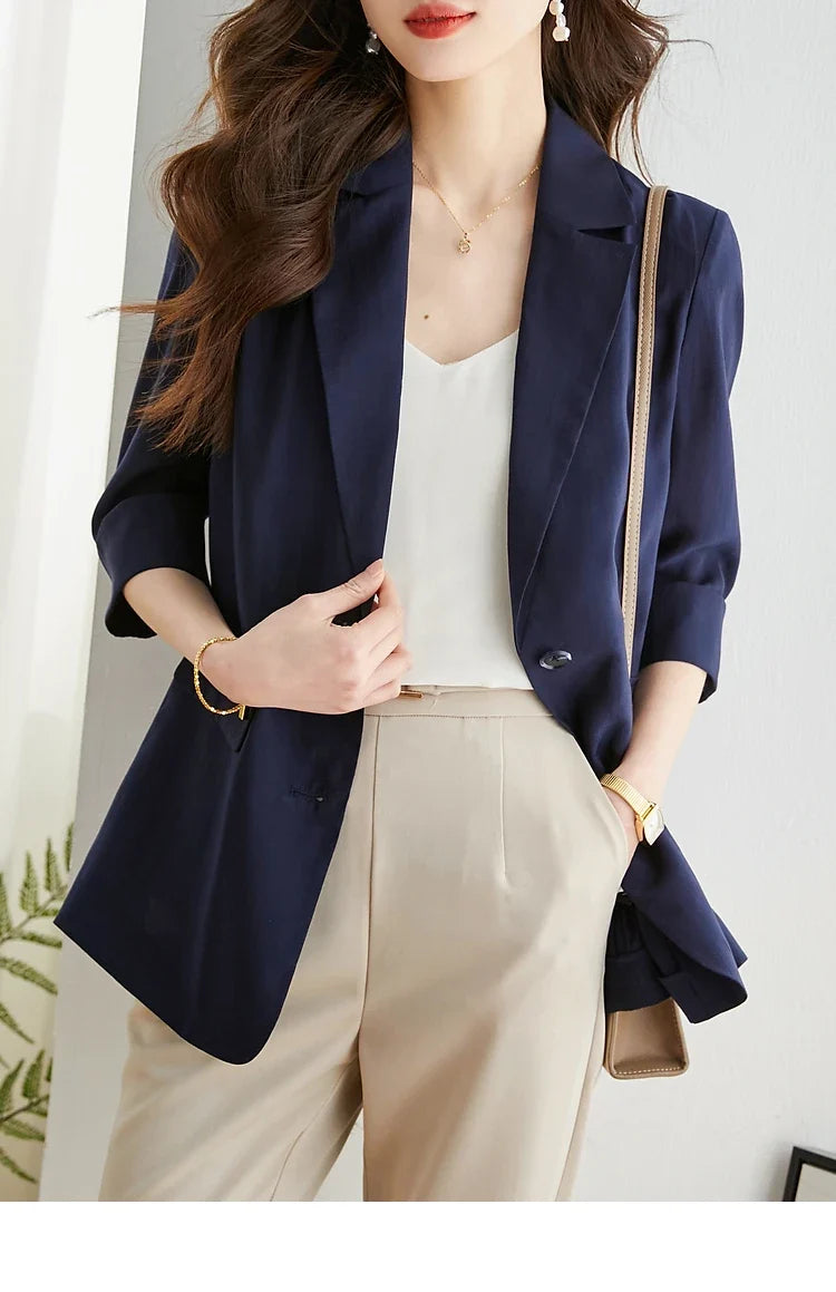 Casual Lyocell Suit Blazers Women 2026 Autumn Fashion Transparent Lightweight Three Quarter Sleeve Office Ladies Blazers