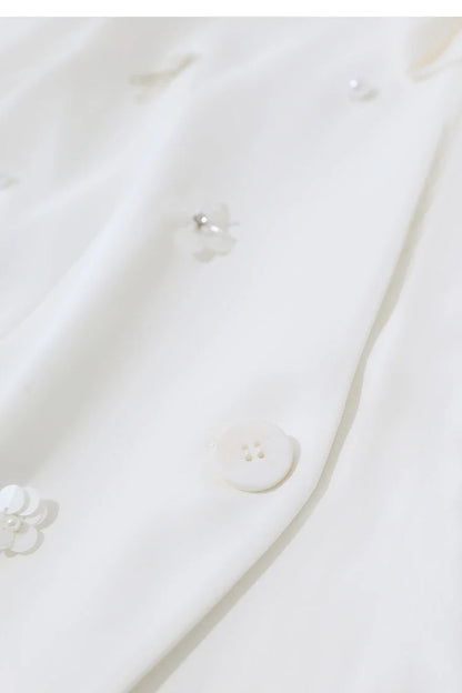 Women's Jacket 2026 Autumn New Elegant Commuter Beaded Flower Chiffon Streamer Tie Blazers Solid Loose V-Neck Top 12641078