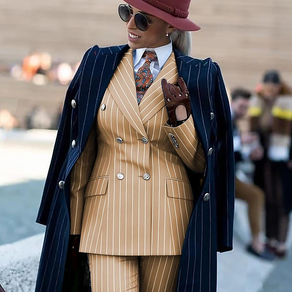Formal Women's Burgundy Pinstripe Suit with Navy Blue Striped Coat Double Breasted 3Piece Set Elegant Evening Party Outerwears