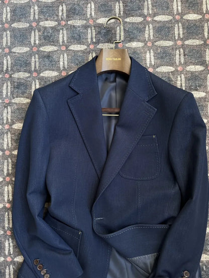 Business Men Office Work Denim Blue Lapel Single Breasted Blazer Jacket Casual Italian Style Designer Male Suit Two Piece Sets