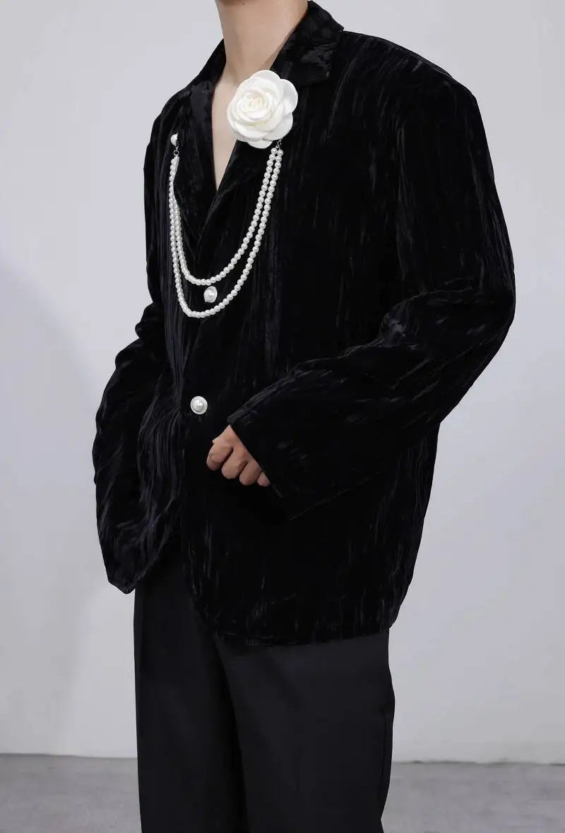 Luxury Elegant Handsome Blazer Coat Men's Original Niche Three-dimensional Pearl Chain Stylish Solid Color Jacket JY4431