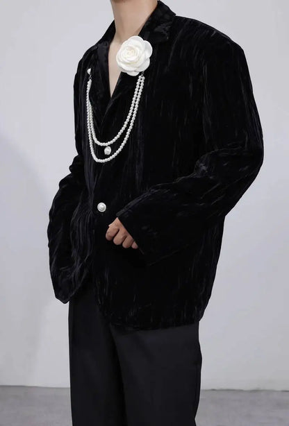 Luxury Elegant Handsome Blazer Coat Men's Original Niche Three-dimensional Pearl Chain Stylish Solid Color Jacket JY4431