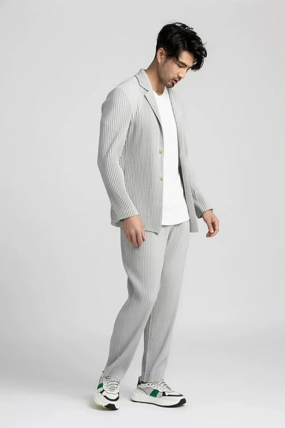 Men's Miyake Pleated Style Blazer Jacket Japanese Casual Stretch Slim Fit Business Office Fashion Luxury Wrinkle Resistant Coat