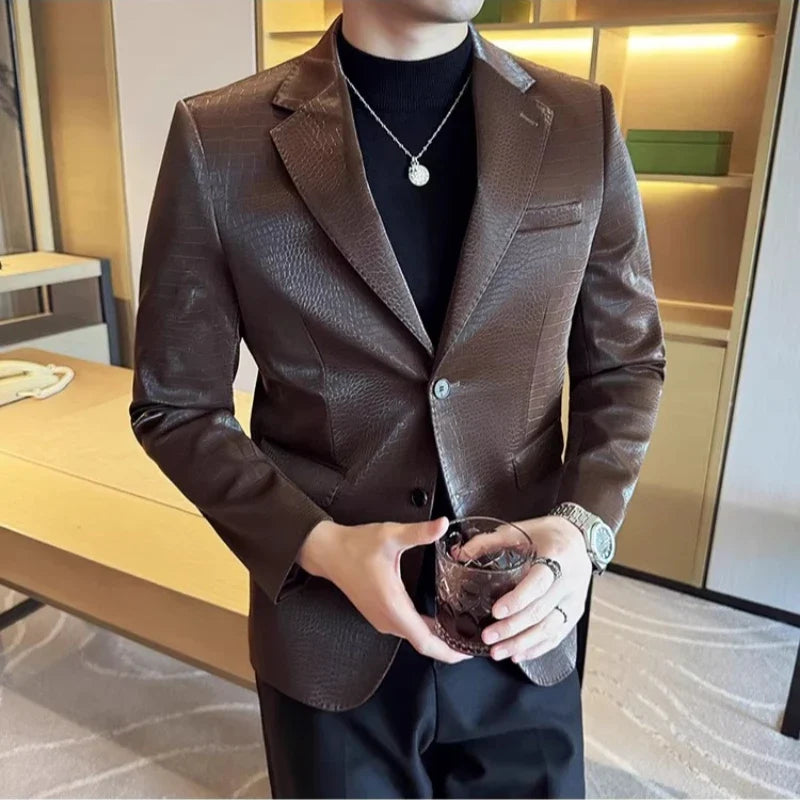 2026 Crocodile Patterned Leather Suit Jacket Men Slim Fit Business Casual Leather Jacket Wedding Groom Party Work Men Blazers