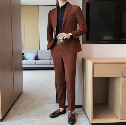 2025 New Waffle Blazers +Pant 2 Piece Set Men Fashion Business Slim Fit Solid Tuxedo Groom Wedding Prom Wear Casual Men's Sets