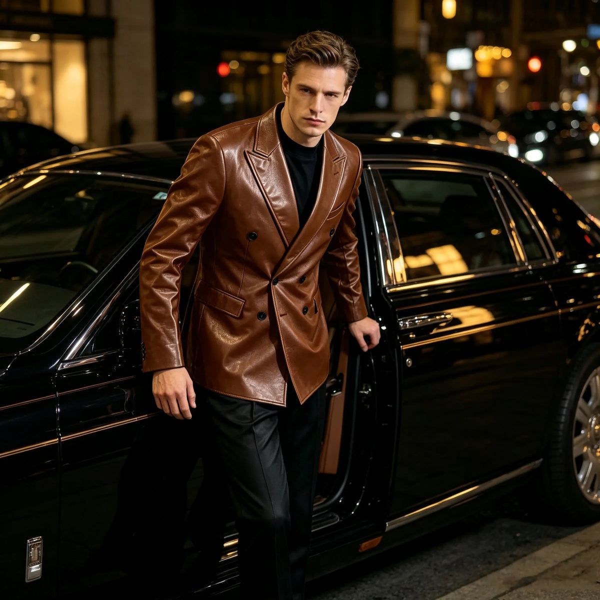 Vintage Men's Brown Leather Blazer Double Breasted Peak Lapel Slim Fit Suit Jacket High Quality Fashion Sport Coat Business Casu