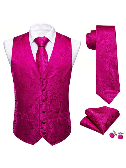 Men's Jacquard Waistcoat 4-Piece Set with Necktie Pocket Square and Cufflinks for Wedding and Formal Occasions