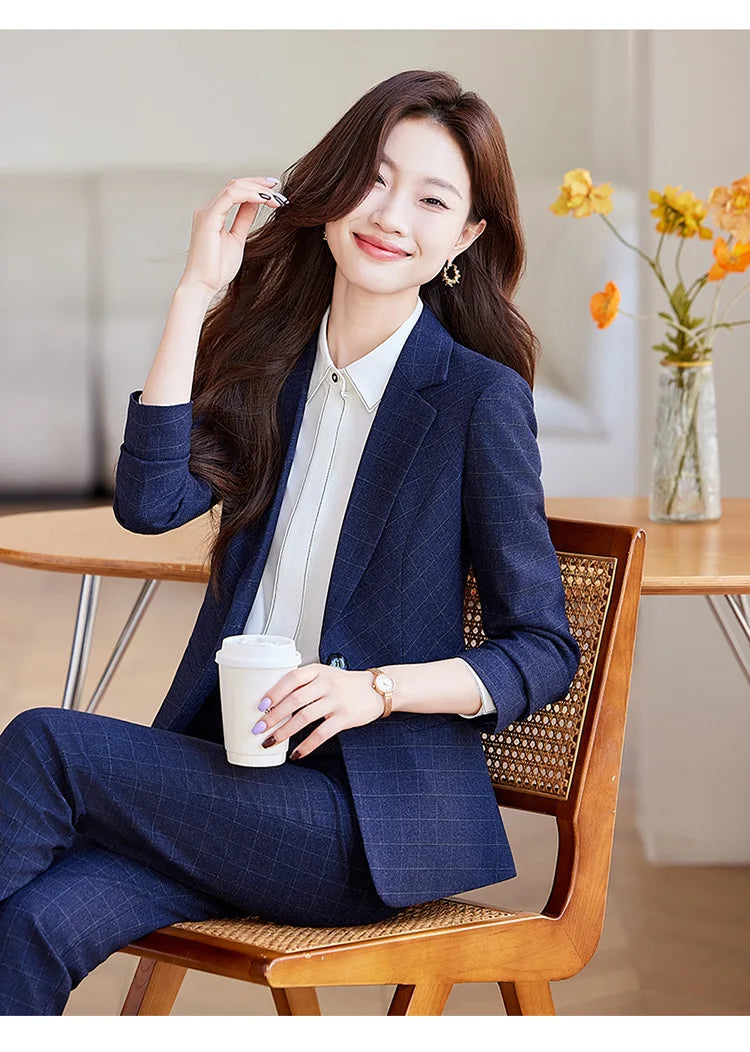2024 Spring Autumn New Retro Plaid Elegant Blazer Coat And High Waist Pencil Pant Two Piece Set Women's Suit Business Clothing