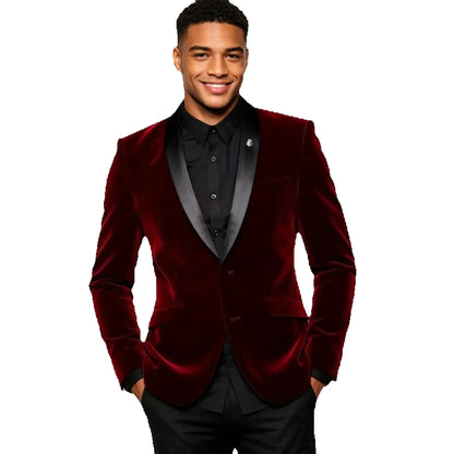New Burgundy Velvet Blazer Wedding Men Shawl Lapel Casual Suit One Button Jacket Formal Male Fashion Party Suit Only One Coat