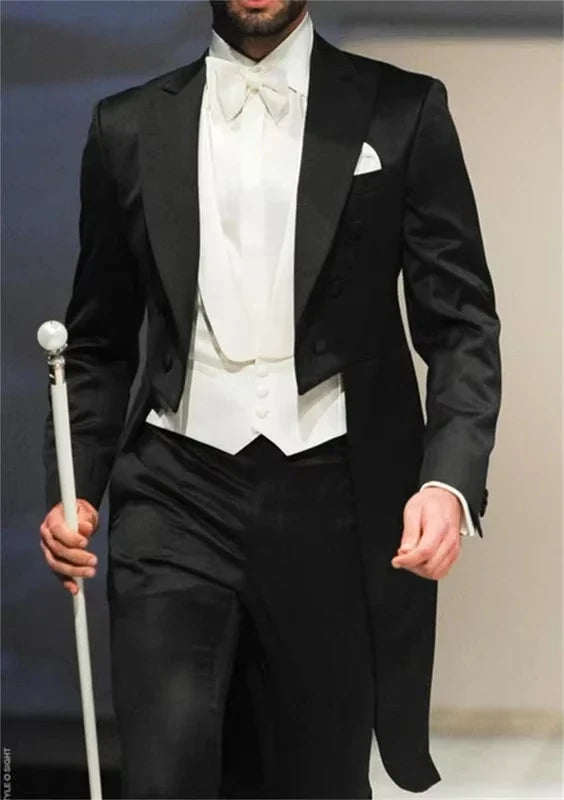 Elegant Italian Gentleman Style Wedding Man Long Tail Coat Groom Prom Tuxedos Formal Mens Suits Terno Masculino (Jacket+Pant+Ves