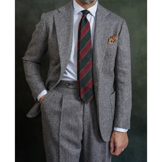 Elegant 2pcs Men's Tweed Suits Wool Blend Herringbone Western Vintage Wedding Formal Business Suits Set(Jacket+Pants) Warm Wear
