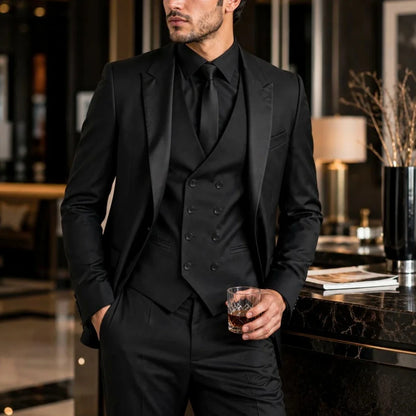 Men Suit Black 3 Piece With Bright Black Lapel Solid For Wedding Groom Birthday Banquet Party Business Work Jacket Vest Pants