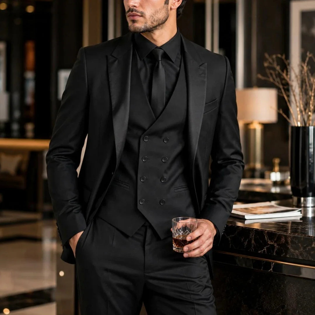 Men Suit Black 3 Piece With Bright Black Lapel Solid For Wedding Groom Birthday Banquet Party Business Work Jacket Vest Pants