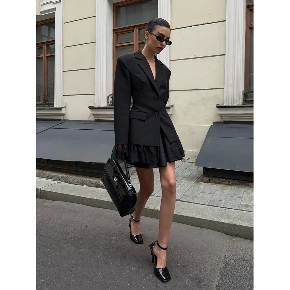 Elegant Black Lace Splice Long Sleeve Women's  Commute Style Fashion Design Polyester Fabric Business Casual Coat