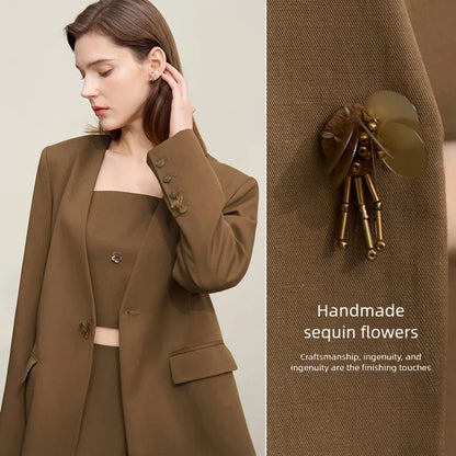 Women's Jacket 2026 Autumn New Bead Sheet Flower V-Neck Women's Blazer Straight Elegant Shoulder Pad Blazers Top 12621026