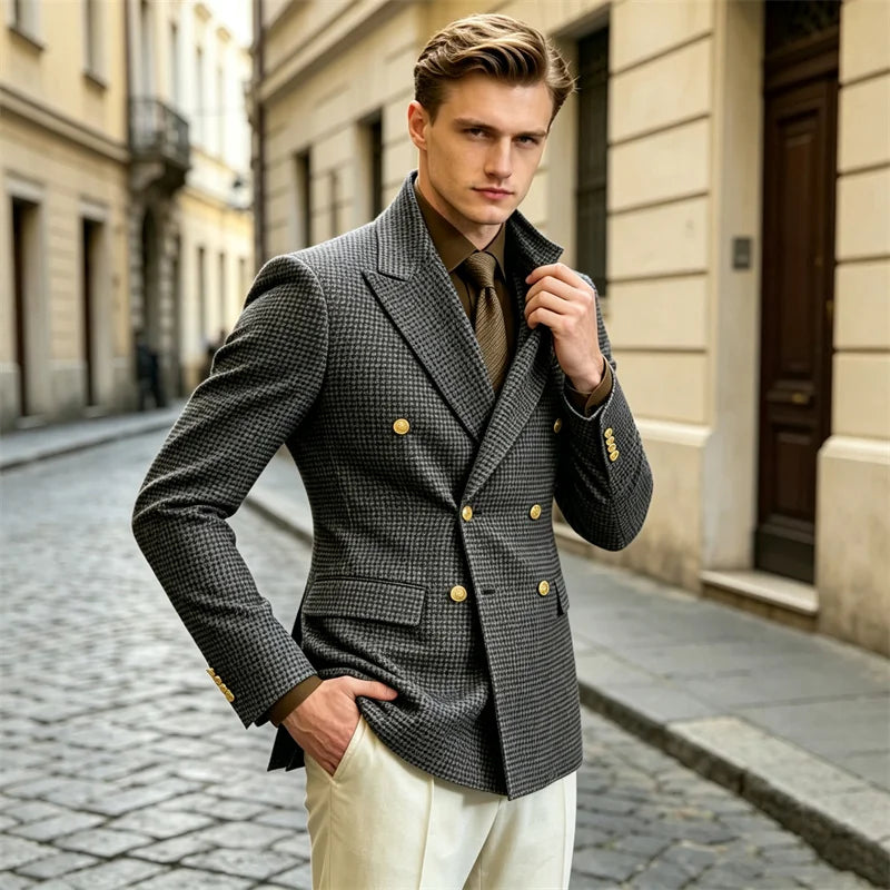Men's Houndstooth Double Breasted Blazer Vintage Slim Jacket  Fit Formal Business Wedding Party Coat For Men Autumn Winter