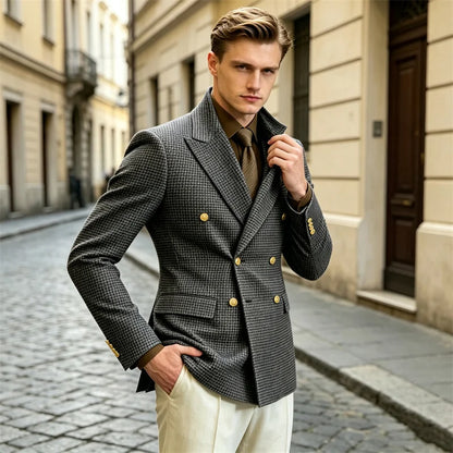 Men's Houndstooth Double Breasted Blazer Vintage Slim Jacket  Fit Formal Business Wedding Party Coat For Men Autumn Winter