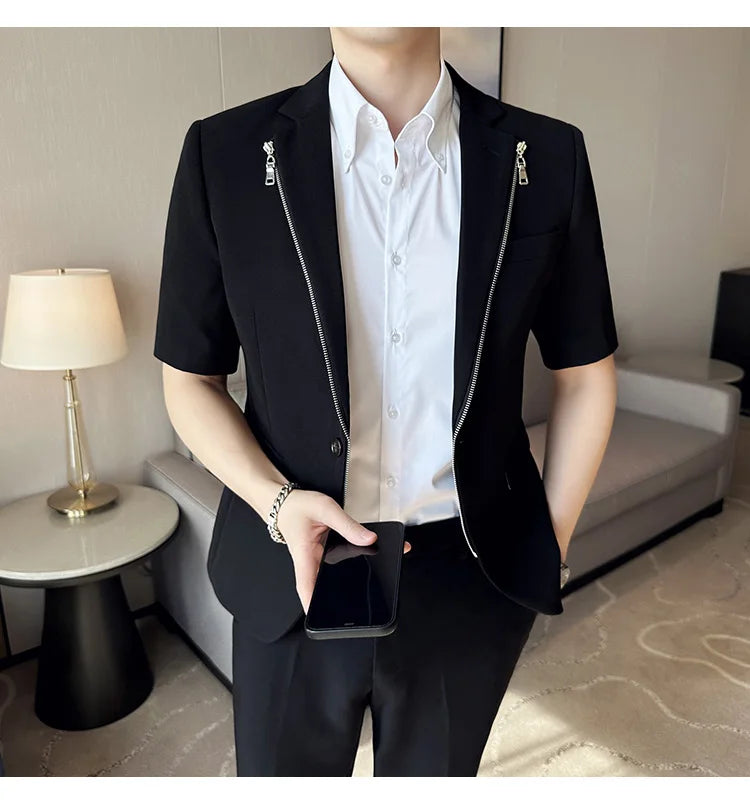 2023 Summer Zipper Decoration Blazers Men Casual Business Suit Jacket Slim Fit 3/4 Sleeve Streetwear Social Jacket Men Clothing