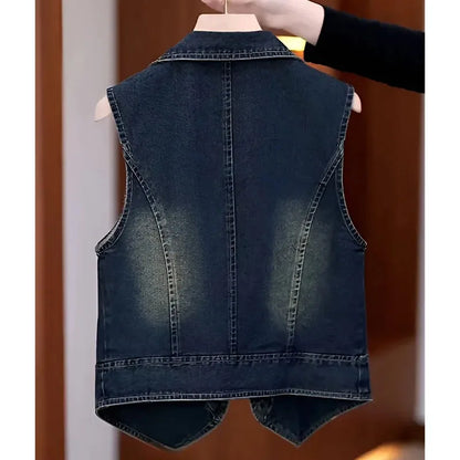 Korean Ladies Large Size 4XL Cowboy Waistcoat Tops Female Leisure Short Vest Coat Autumn Women Nostalgic Sleeveless Jacket