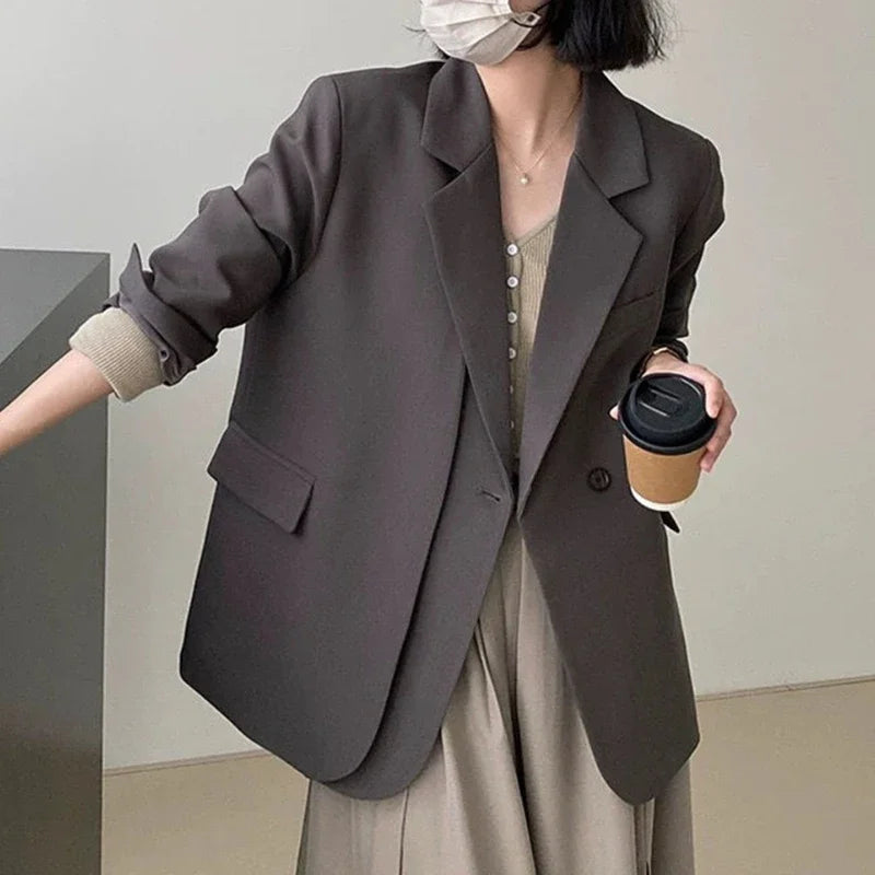 Spring Autumn Elegant Grey Women Blazer Jacket Long Sleeve Single Button Blazers for Women Office Loose Chic Women's Clothing