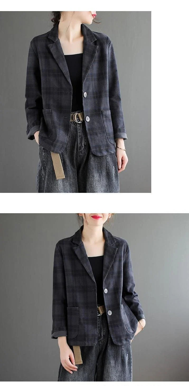 Fashion Chic Cotton Plaid Blazer Female Spring and Autumn New Literary Retro Elegant Commuter Small Incense Wind Jacket Women
