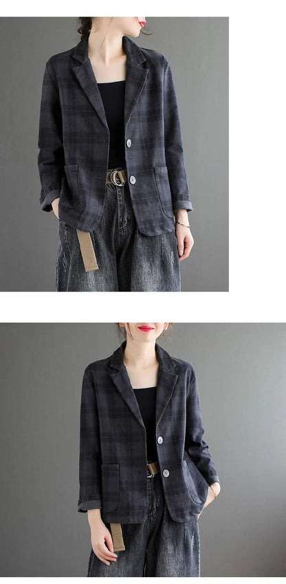 Fashion Chic Cotton Plaid Blazer Female Spring and Autumn New Literary Retro Elegant Commuter Small Incense Wind Jacket Women