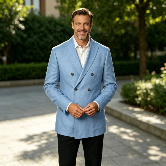 1Piece Men's Blue Linen Blazer Double Breasted Casual Business Jacket Slim Fit Formal Coat For Wedding Party Office Streetwear