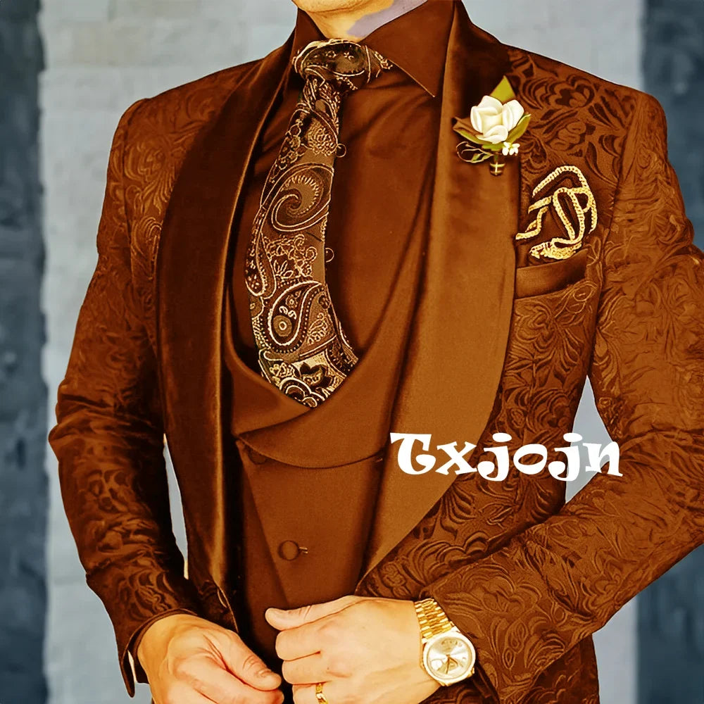 Exquisite jacquard Men's 3-piece Suits Wedding Groom Sets Handsome Shawl Lapel Suit Set Dancing Wear Formal Tuxedo For Business