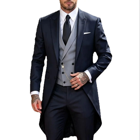 3 Pieces Navy Blue Men's Tailcoat Suit Formal Wedding Tuxedos Peak Lapel One Button Suit for Party Prom Jacket Vest Pants