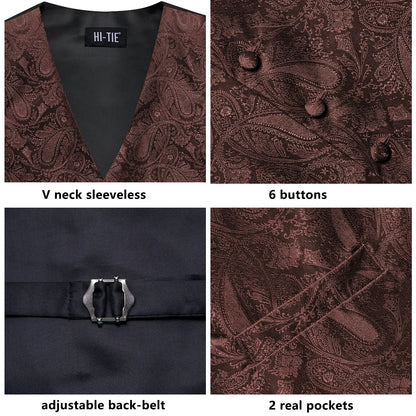 Men's V-Neck Vest 5-Piece Matching Set Coffee Paisley for Banquet & Anniversary