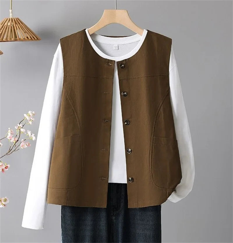 Spring Femme Fashion Vest Outwear Retro Ladies Solid Color Casual Sleeveless Jacket Autumn Women Round Neck Loose Waistcoat Coat