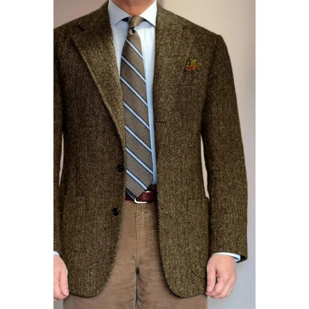 Men's Suit Grey Blazer Prom Groom Tuxedos Herringbone Wool Tweed Single Breasted Formal Bussiness Jacket for Wedding（Only Coat）