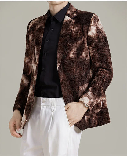 Autumn Korean Slim Fit Suit Jacket for Men Tie Dye Chenille Fashion Casual Suit Jacket Warm Business Social Formal Men Blazers