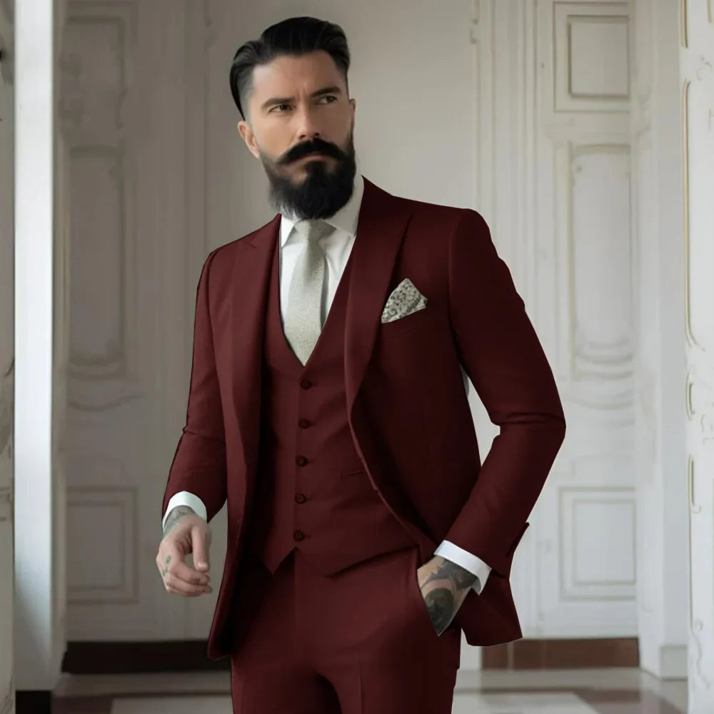Green Men's Slim Fit 3 Piece Suits (Jacket+Vest+Pant) Wedding Groom Tuxedos Prom Formal Male Party Blazers