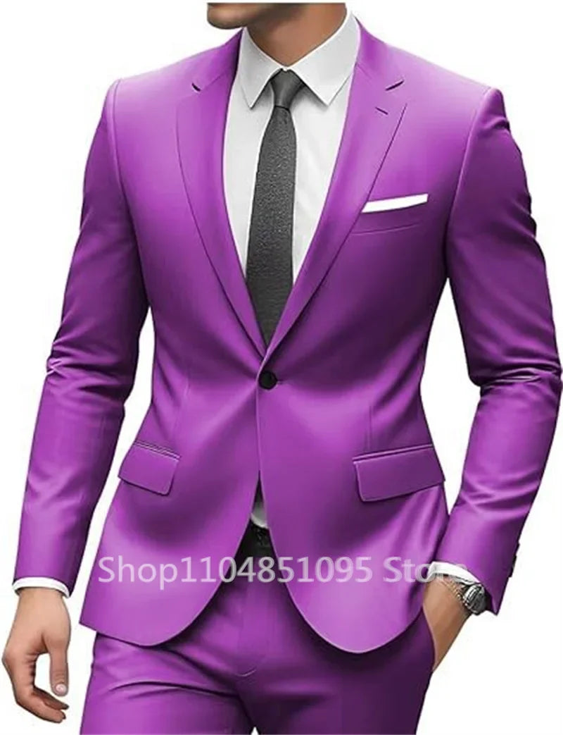 New Solid Slim Fit 2 Piece Wedding Men Suits Groom Tuxedos Formal Suit for Prom Party Busienss Best Man Notch Lapel Blazer Pants